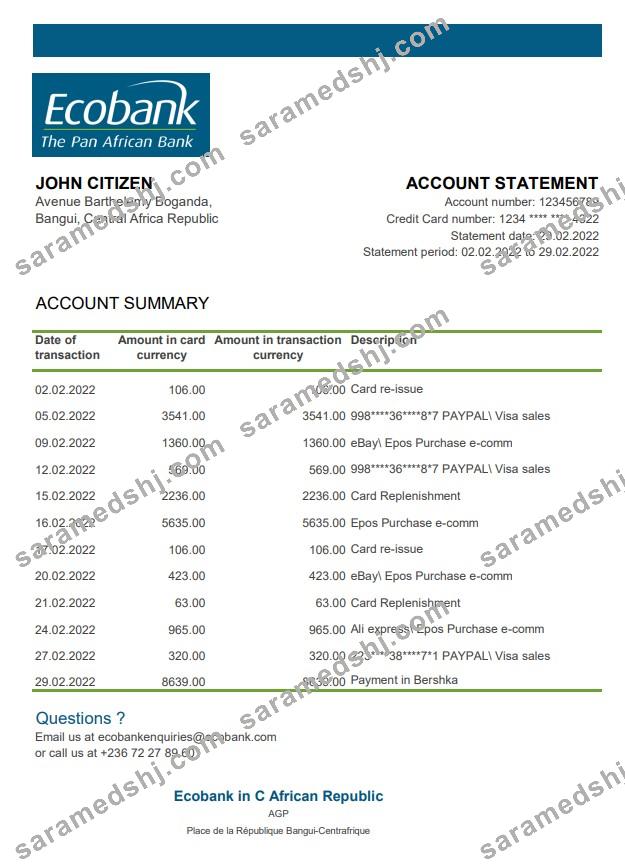 Central African Republic Ecobank bank statement
